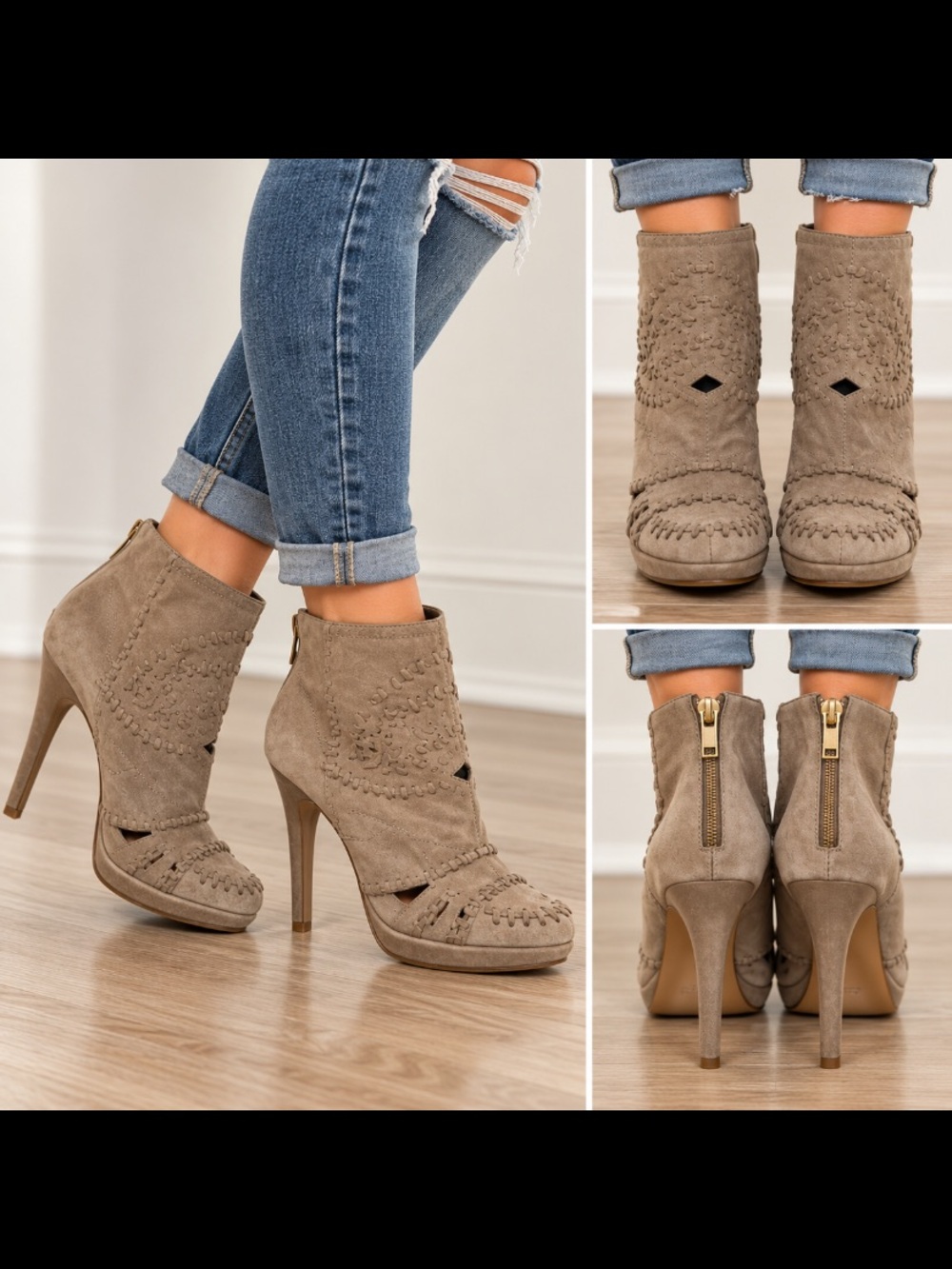 Free People / Jeffery Campbell Taupe Suede Boho Cutout Heeled Booties 8.5 NWT